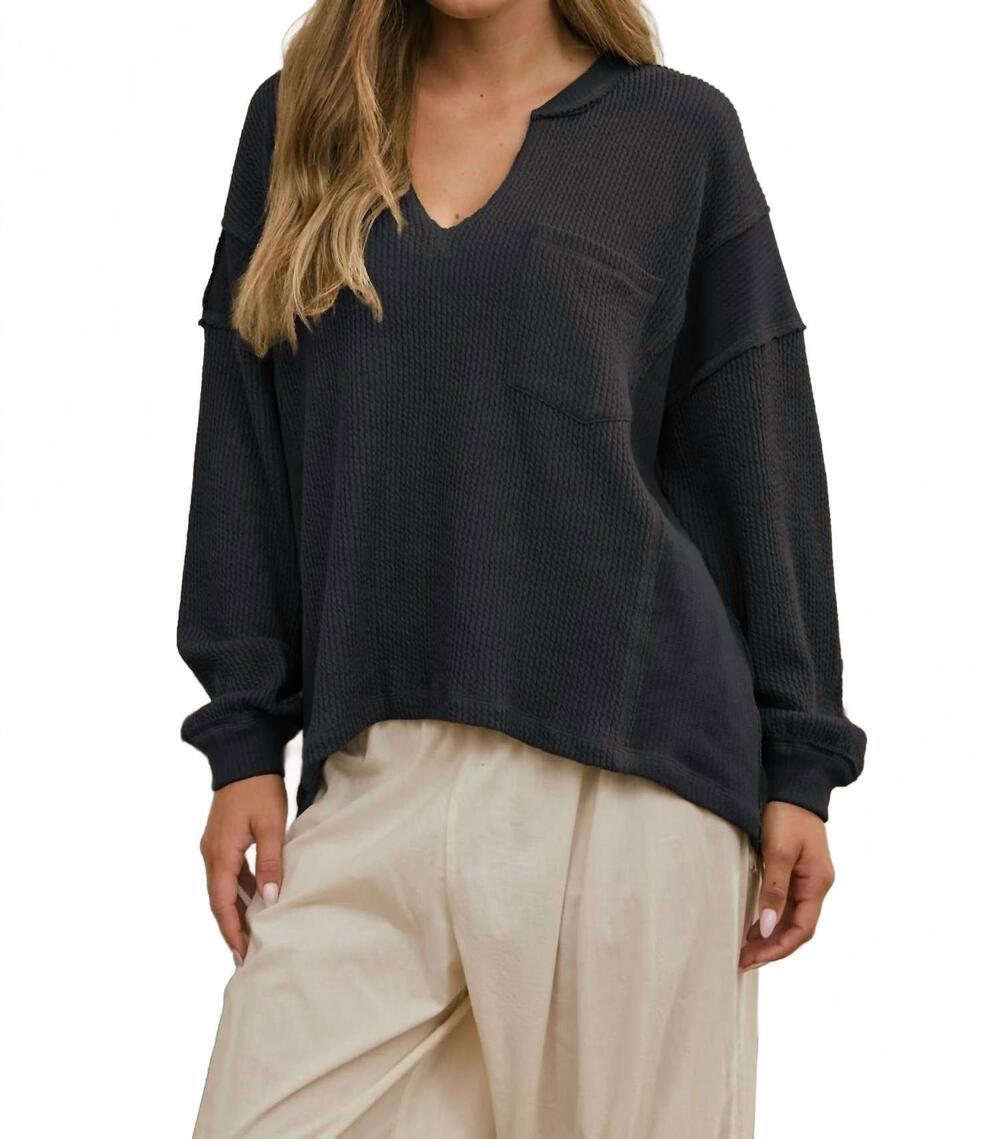 NEW JOA split neck raw edge ribbed knit top in charcoal